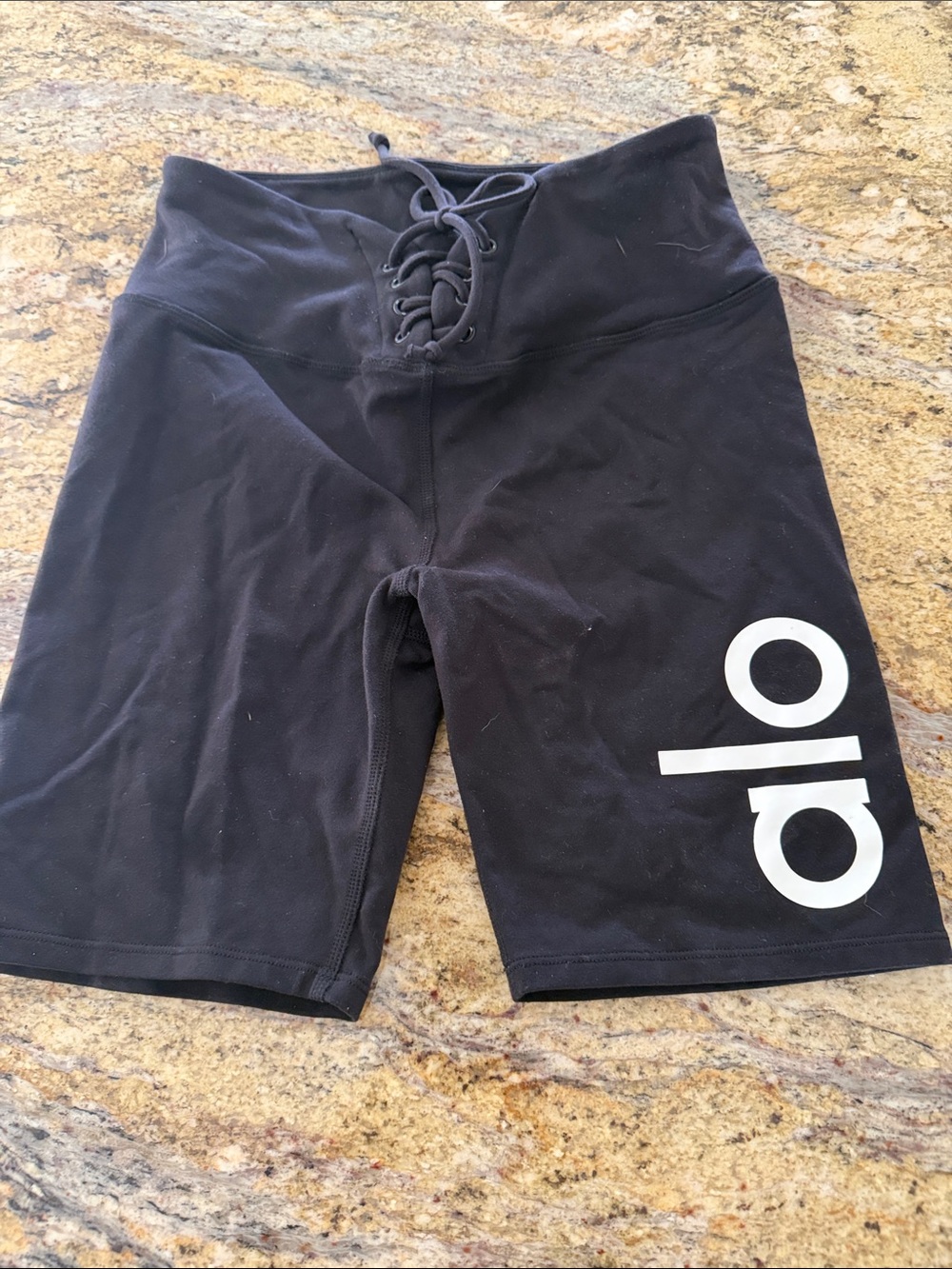 ALO Yoga Black Lace-Up High-Rise Bike Shorts with White Logo
